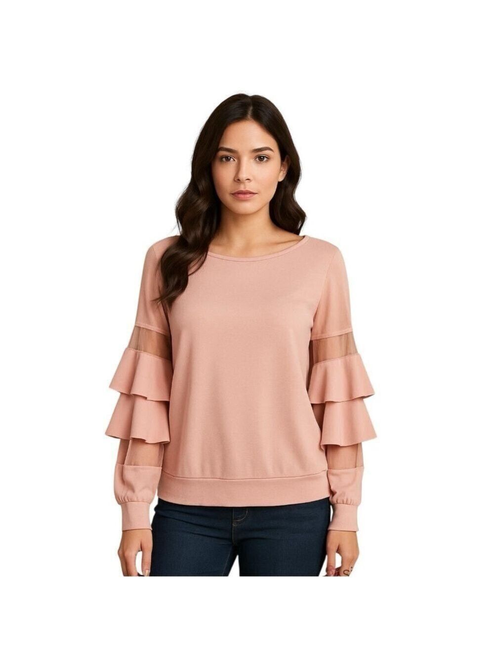 14th & Union Dusty Pink fancy sweatshirt with ruffled sleeves with mesh detail S